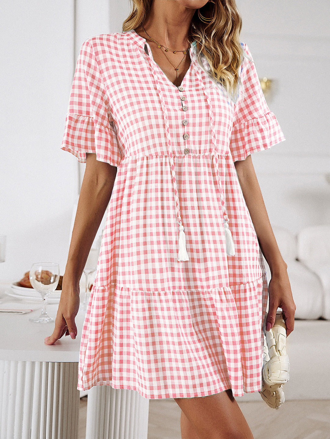 Plaid Flounce Sleeve Buttoned Mini Dress - Runway Frenzy 