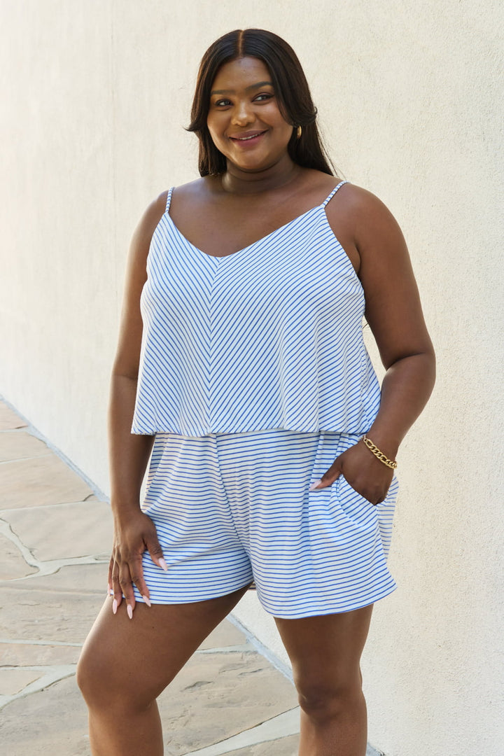 Culture Code Let It Happen Full Size Double Flare Striped Romper in Cobalt Blue - Runway Frenzy