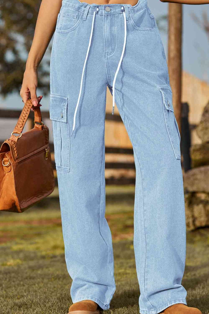 Loose Fit Drawstring Jeans with Pocket Trendsi