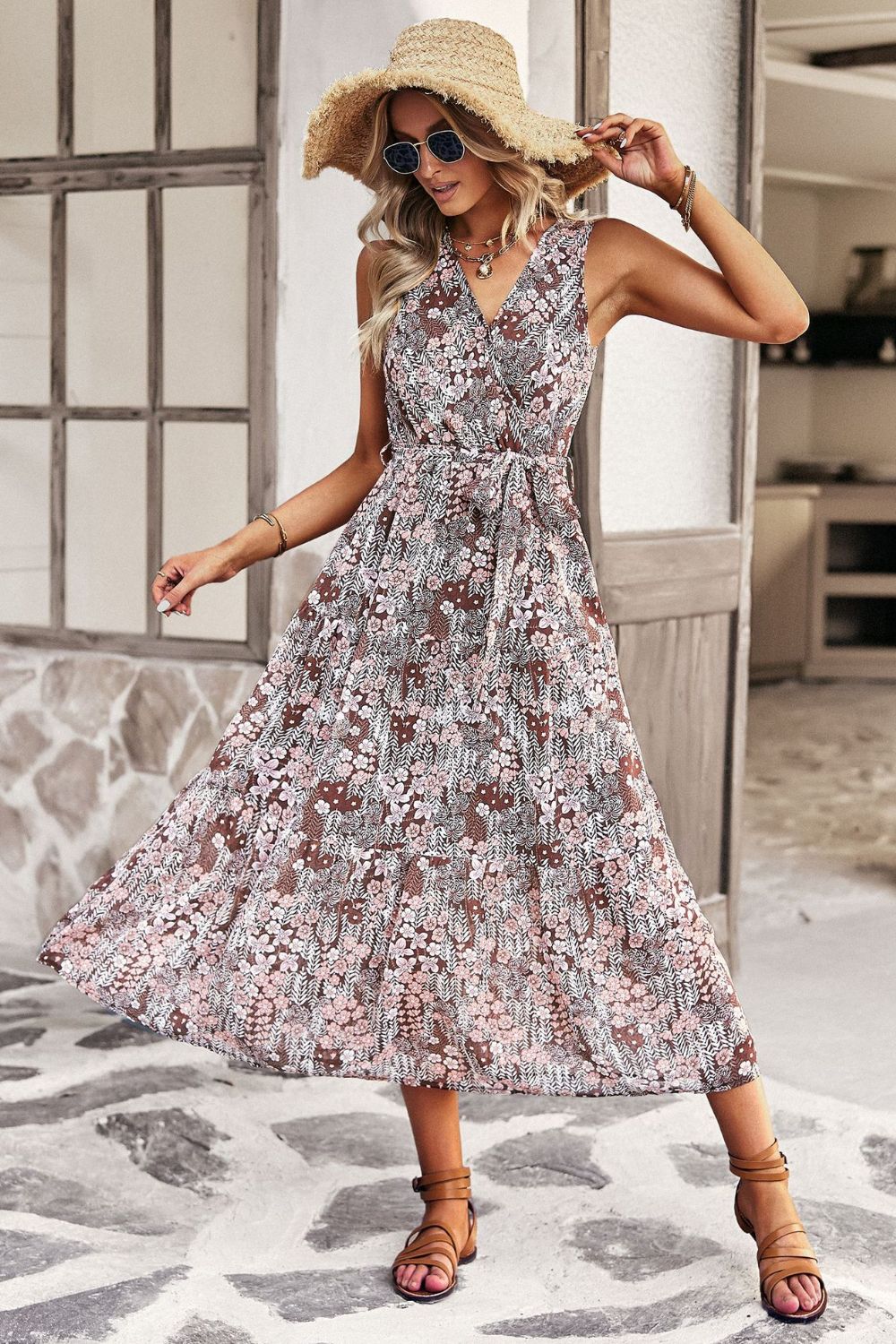 Floral Belted Surplice Sleeveless Tiered Dress - Runway Frenzy