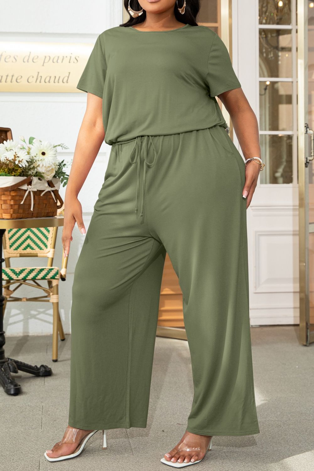 Plus Size Drawstring Waist Short Sleeve Jumpsuit - Runway Frenzy 