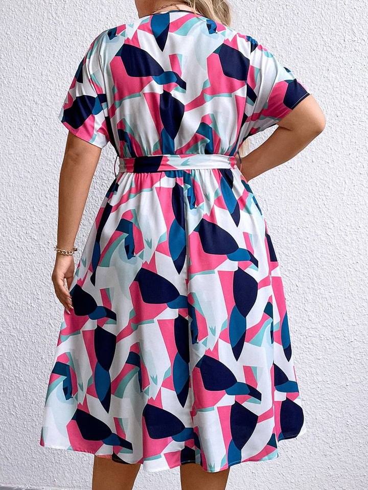 Plus Size Multicolored V-Neck Tie Waist Dress - Runway Frenzy 