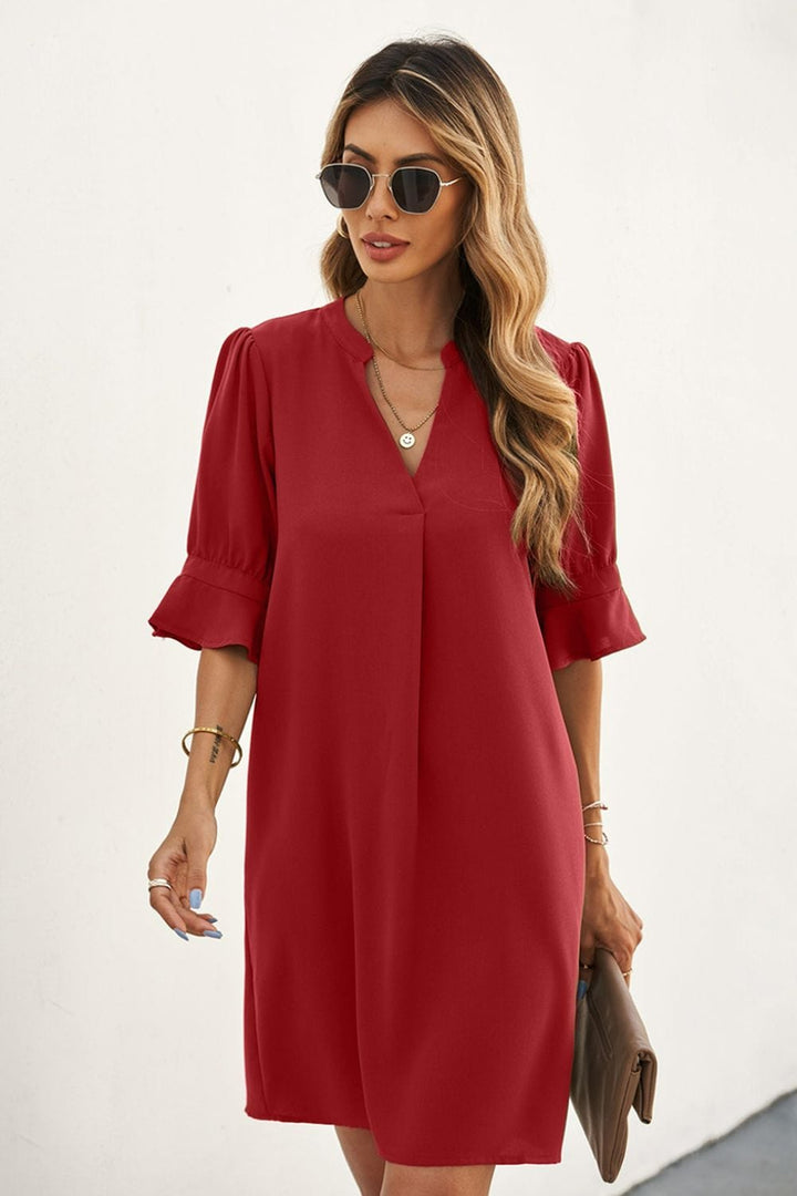 Puff Sleeve Notched Mini Shift Dress - Runway Frenzy 