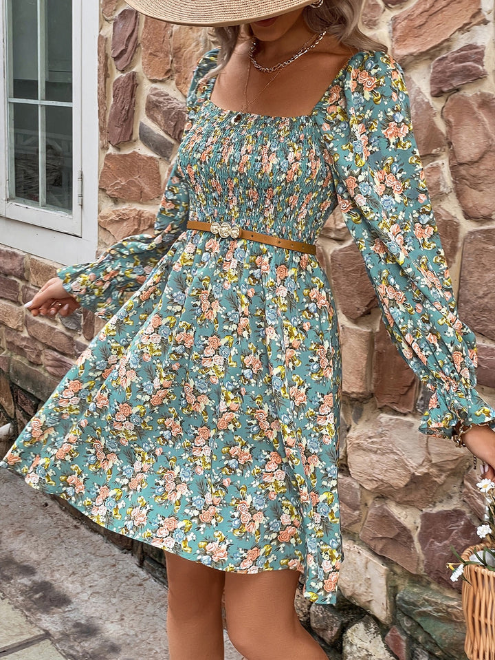 Floral Smocked Flounce Sleeve Square Neck Dress - Runway Frenzy