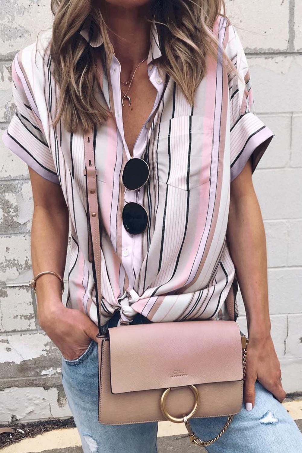 Striped Collared Neck Button-down Pocketed Top - Runway Frenzy 