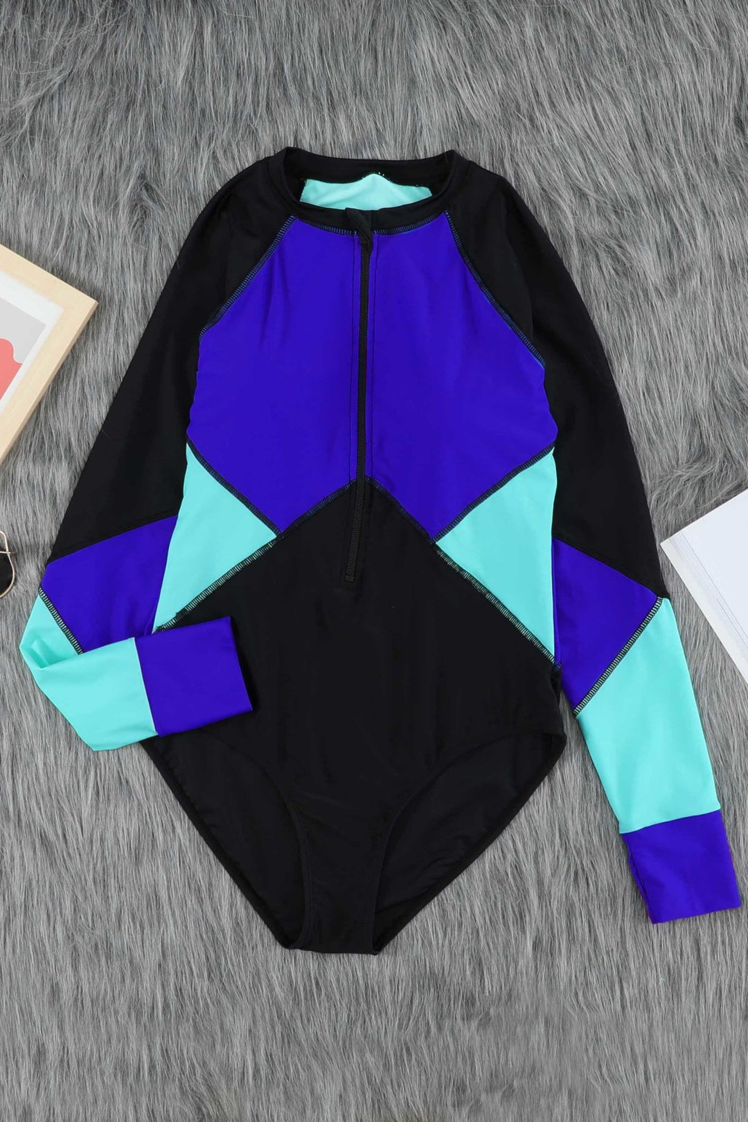 Color Block Half Zip Long Sleeve One-Piece Swimsuit - Runway Frenzy