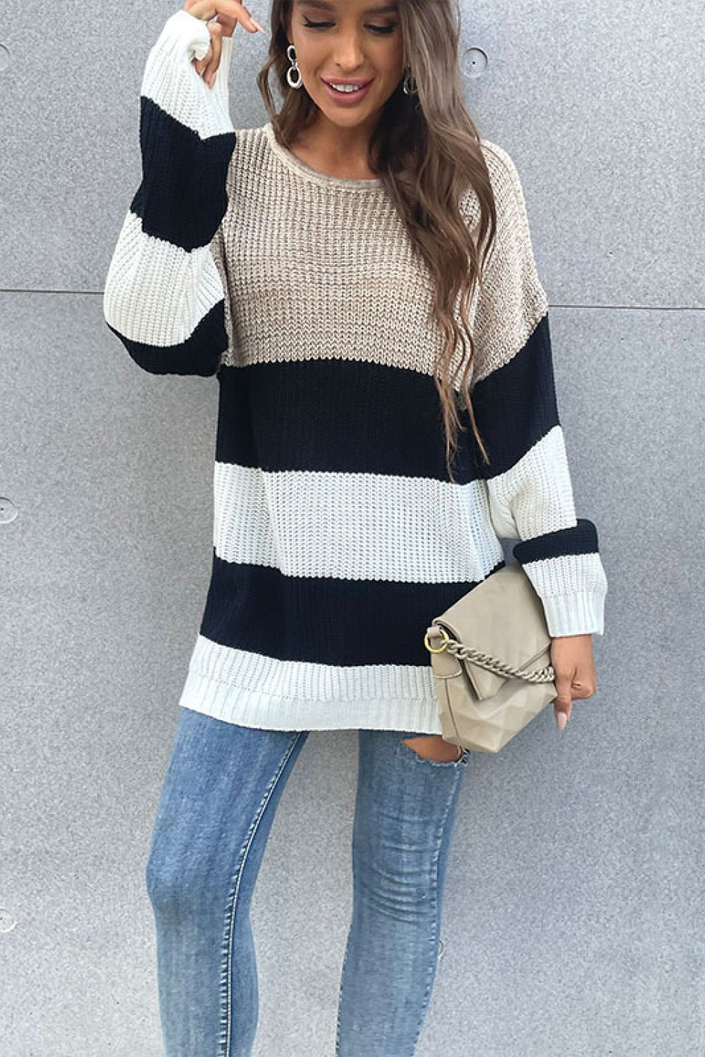 Color Block Striped Long Sleeve Sweater - Runway Frenzy