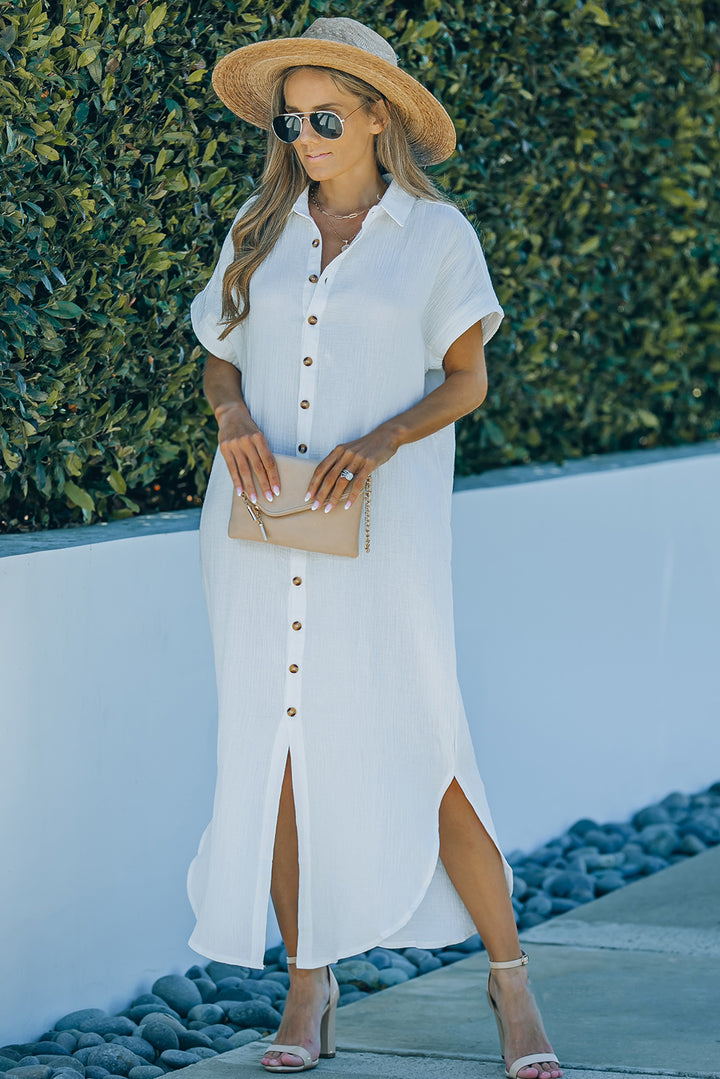 Textured Button Down Slit Shirt Dress - Runway Frenzy