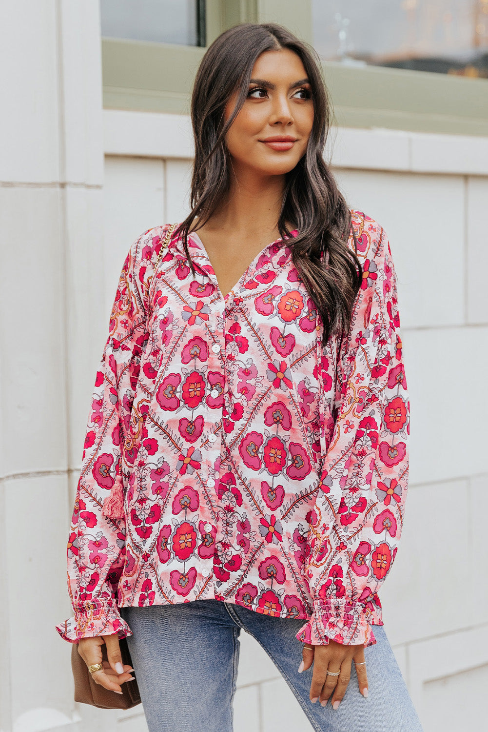 Floral Button-Up Flounce Sleeve Blouse - Runway Frenzy