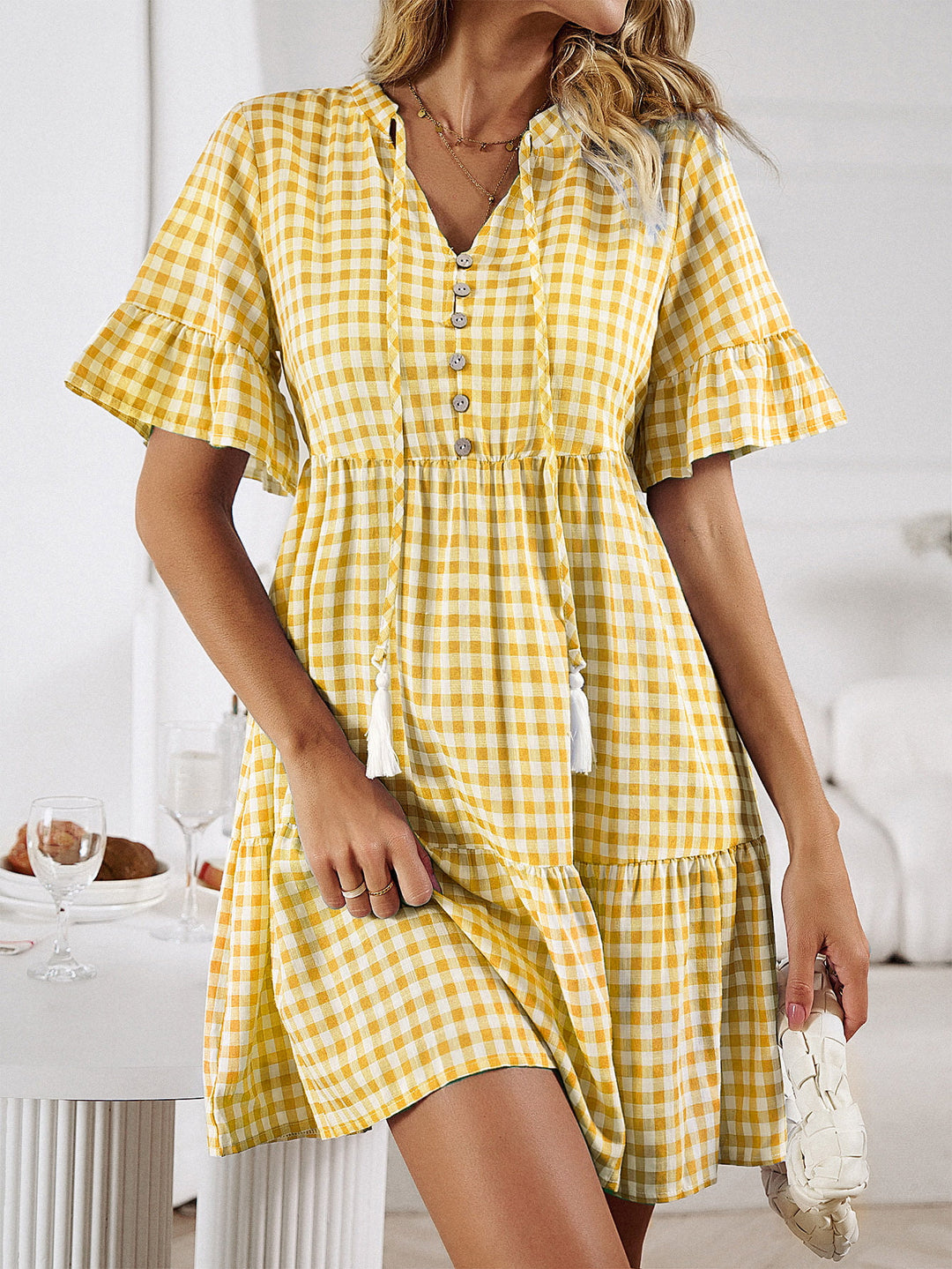 Plaid Flounce Sleeve Buttoned Mini Dress - Runway Frenzy 