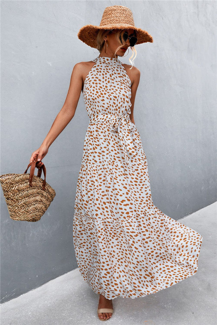 Printed Sleeveless Tie Waist Maxi Dress - Runway Frenzy 