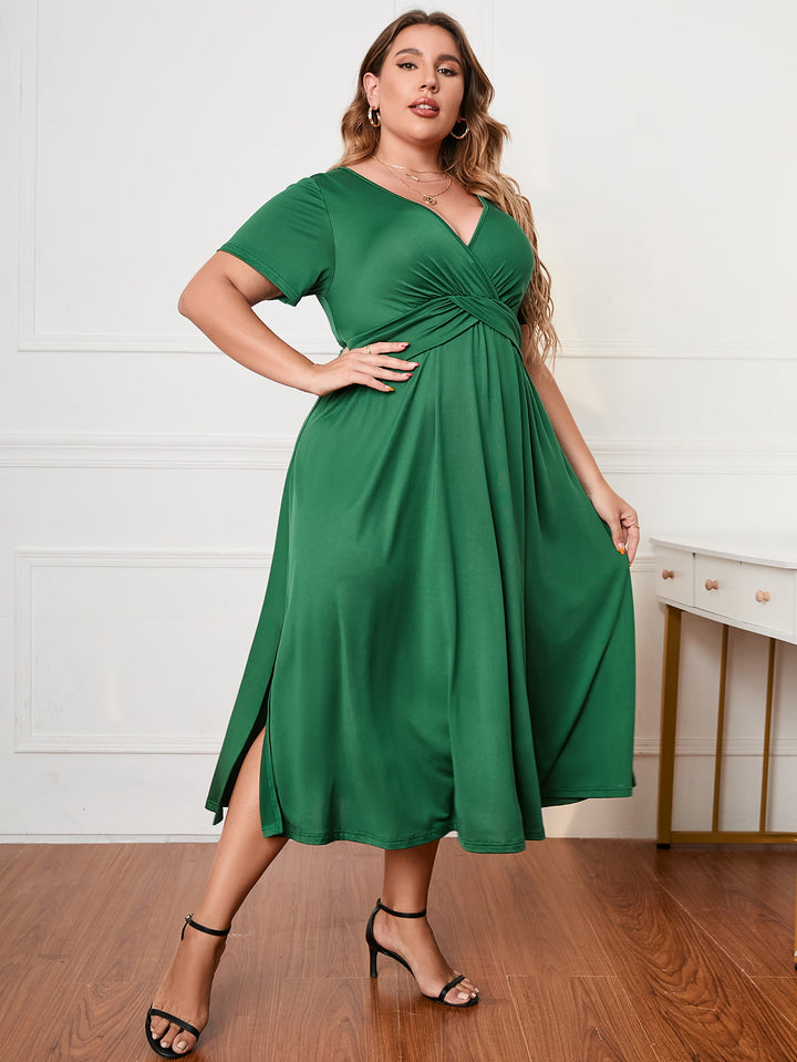 Plus Size Short Sleeve Surplice Neck Midi Dress - Runway Frenzy 