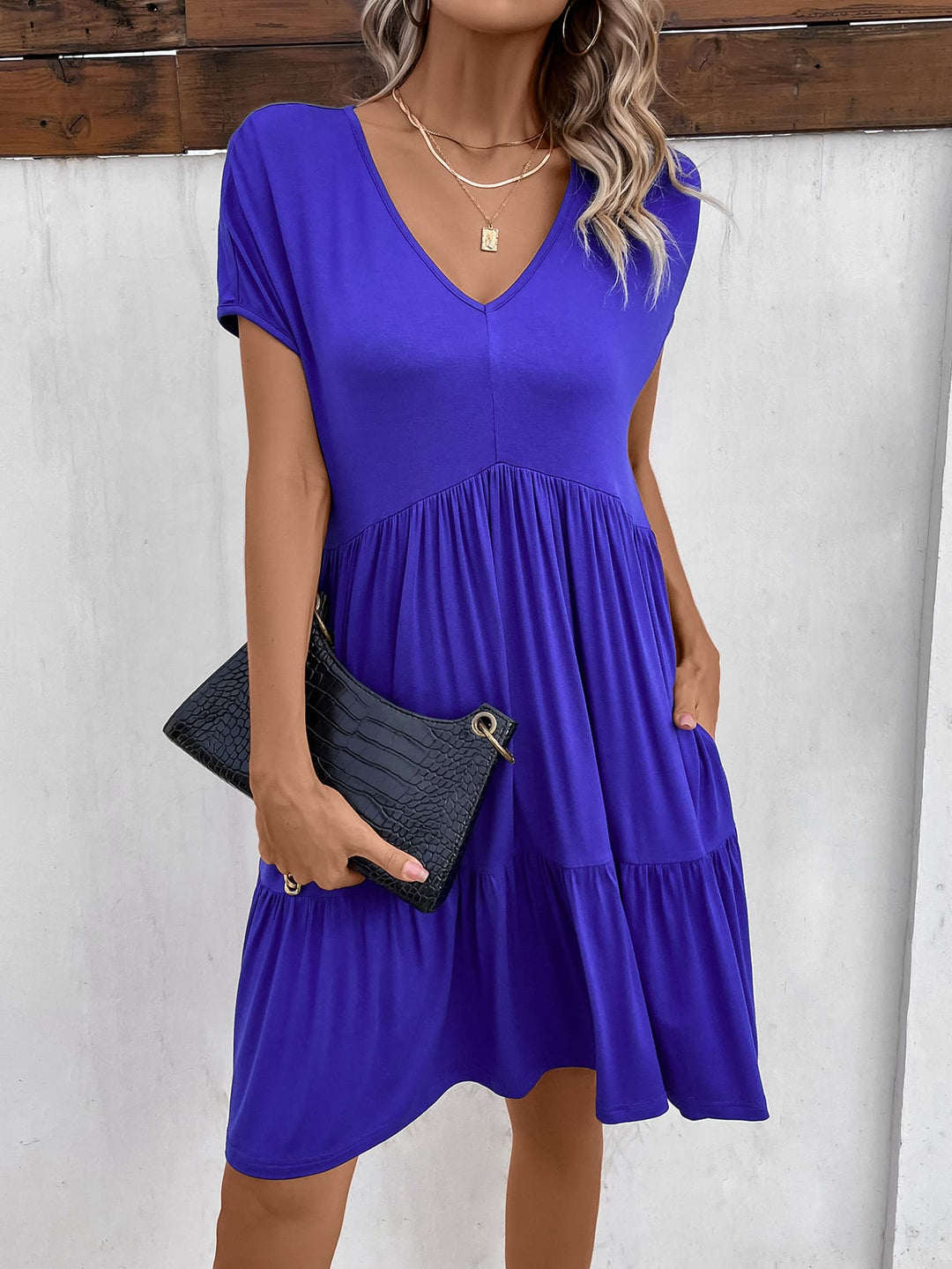 V-Neck Short Sleeve Dress with Pockets - Runway Frenzy 