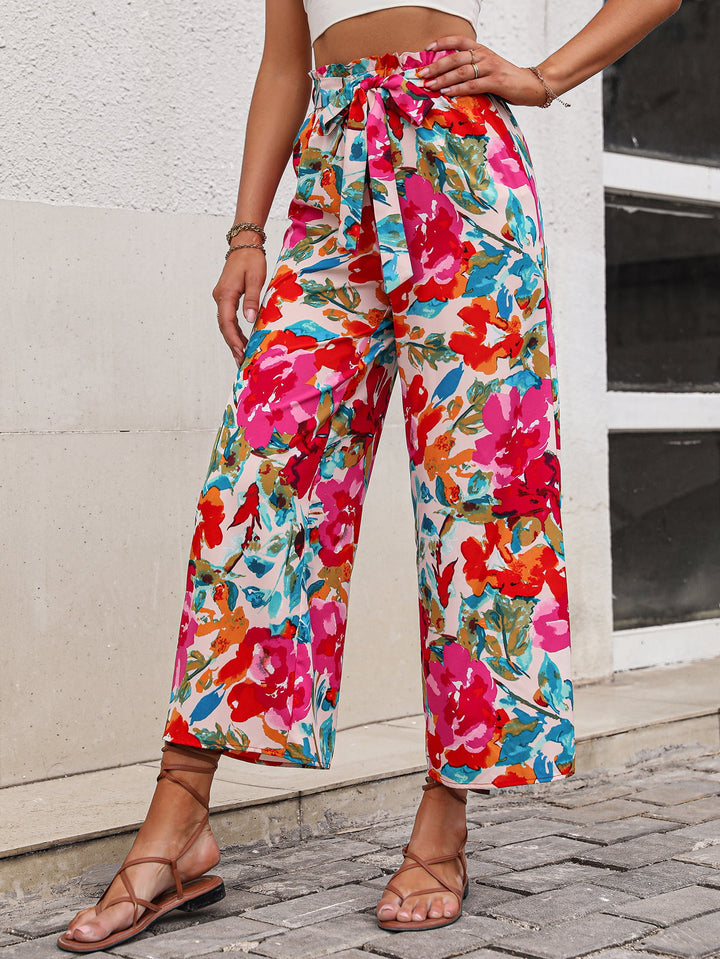 Floral Tie Belt Wide Leg Pants - Runway Frenzy