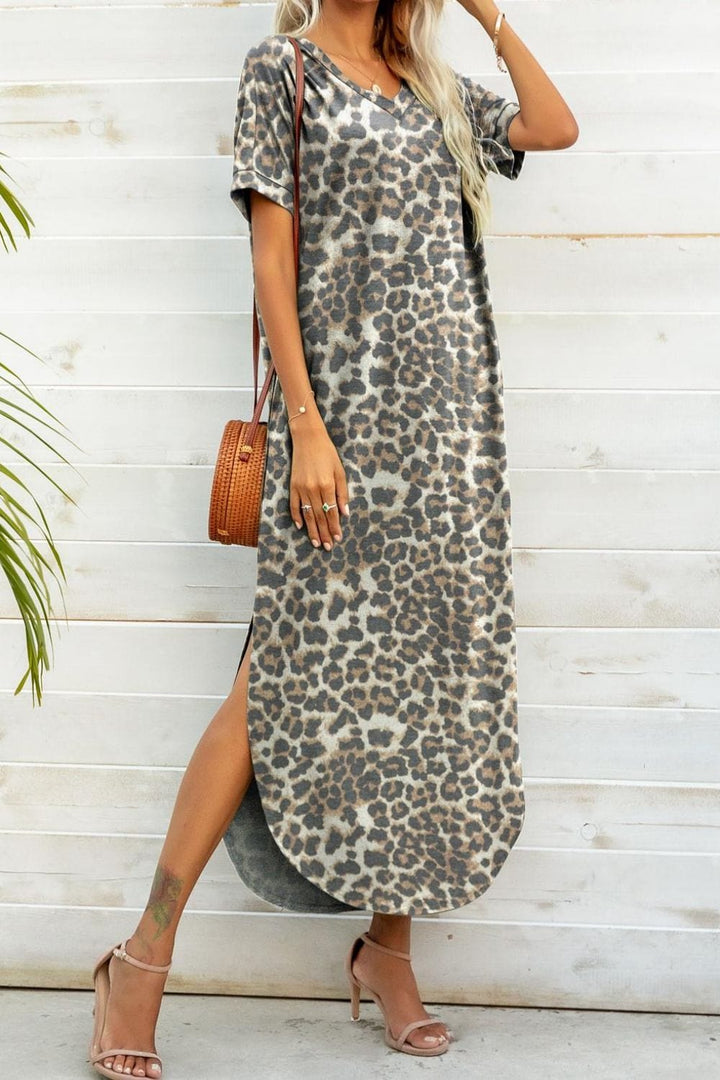 Printed V-Neck Curved Hem Dress - Runway Frenzy