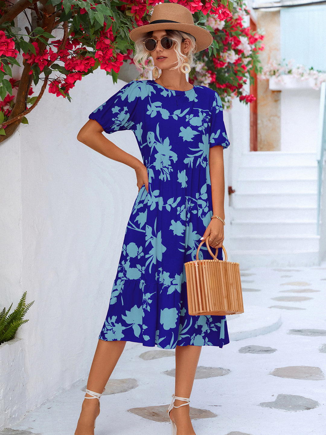 Floral Puff Sleeve Ruffle Hem Midi Dress - Runway Frenzy