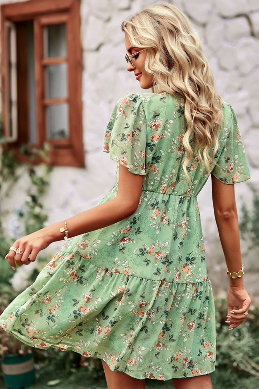 Floral Notched Flutter Sleeve Mini Dress - Runway Frenzy