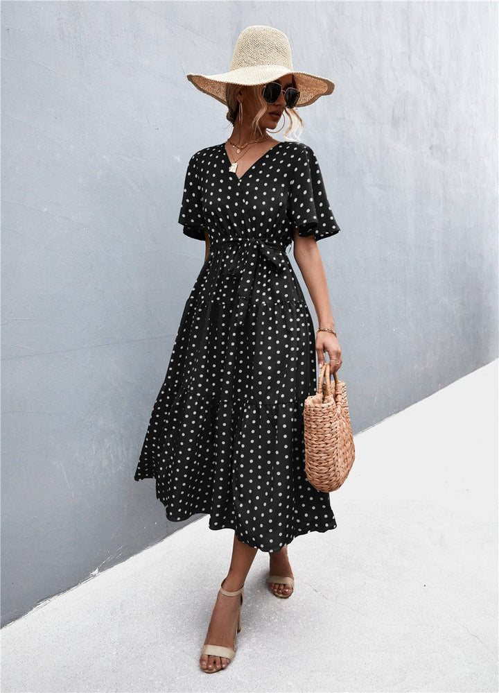 Printed V-Neck Flutter Sleeve Belted Dress - Runway Frenzy