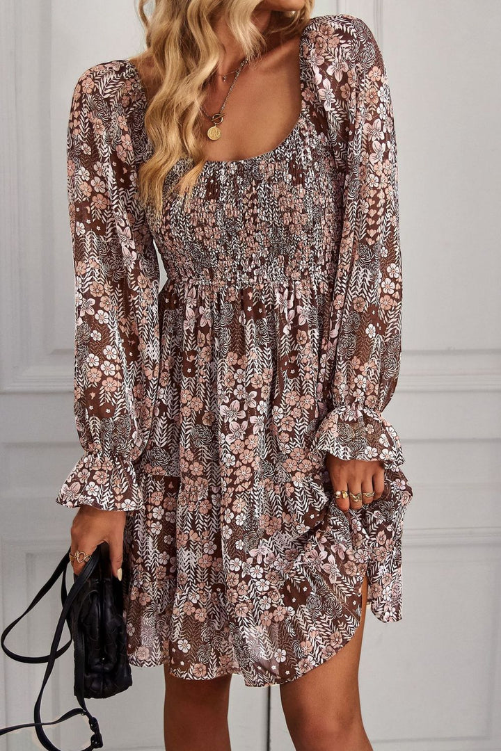 Floral Long Flounce Sleeve Square Neck Dress - Runway Frenzy