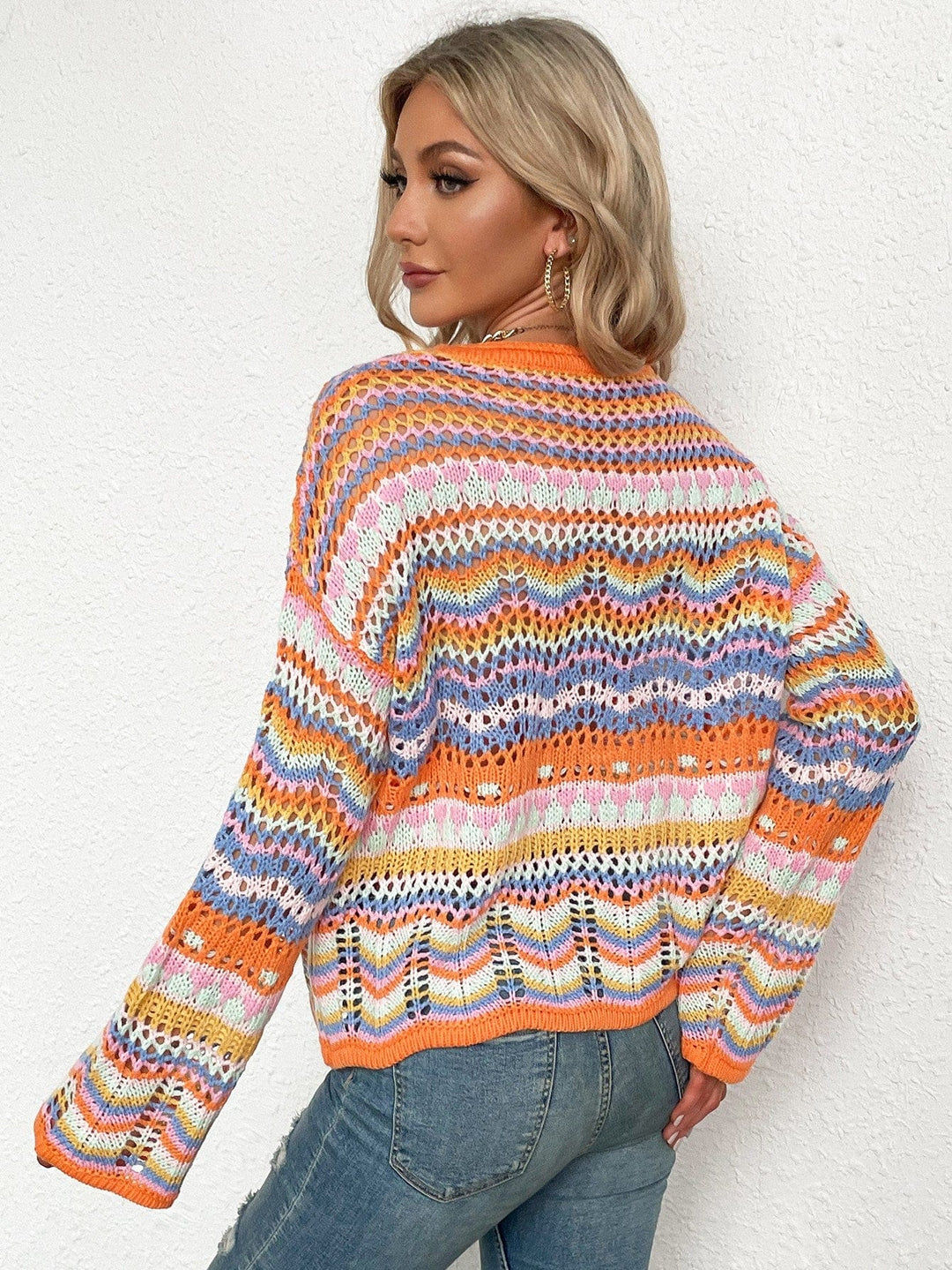 Rainbow Stripe Openwork Flare Sleeve Knit Top - Runway Frenzy 