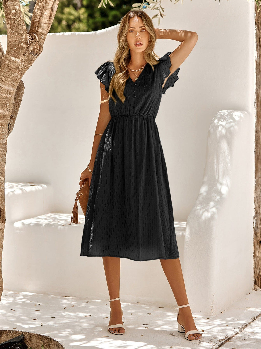 V-Neck Flutter Sleeve Midi Dress - Runway Frenzy 