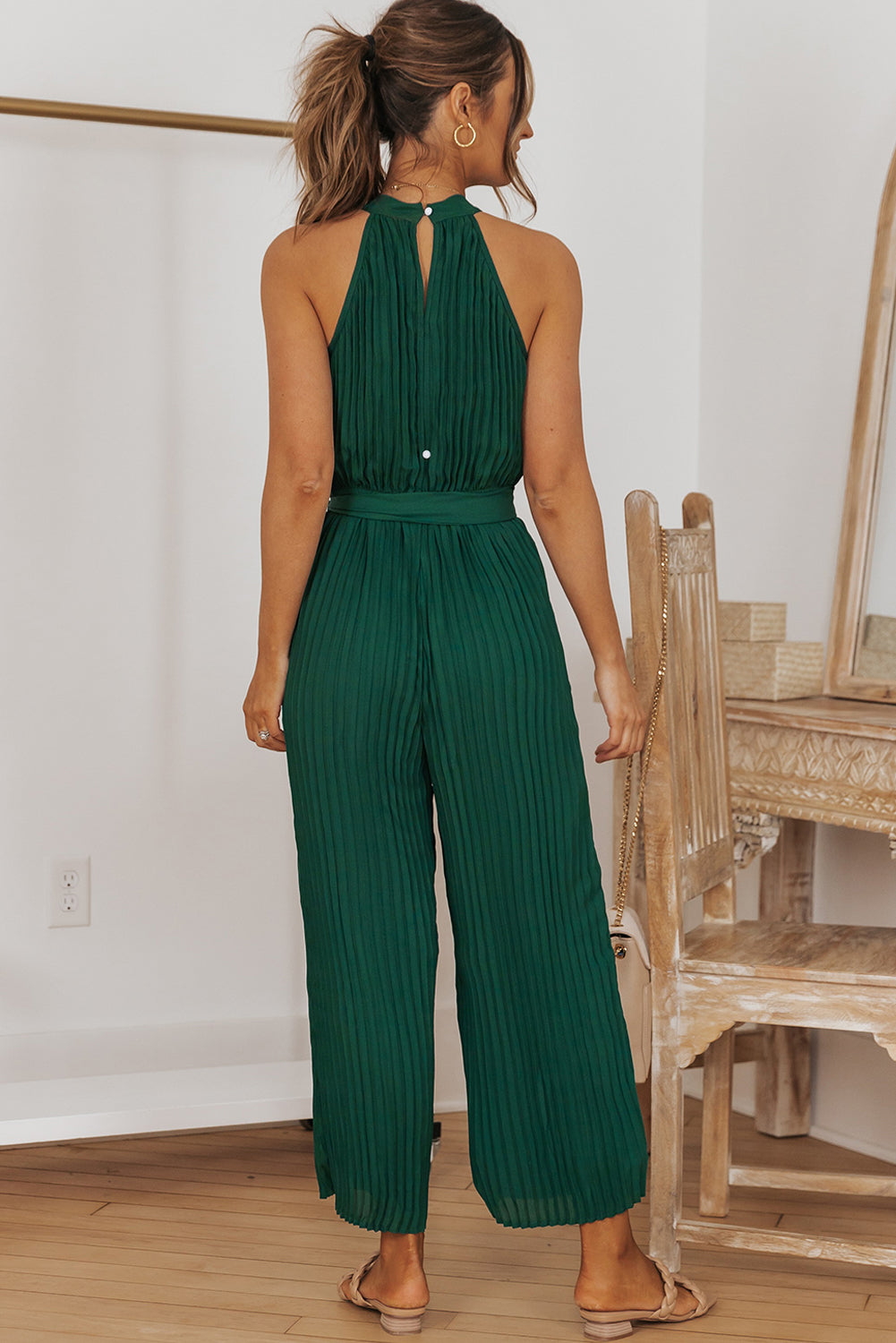 Accordion Pleated Belted Grecian Neck Sleeveless Jumpsuit - Runway Frenzy