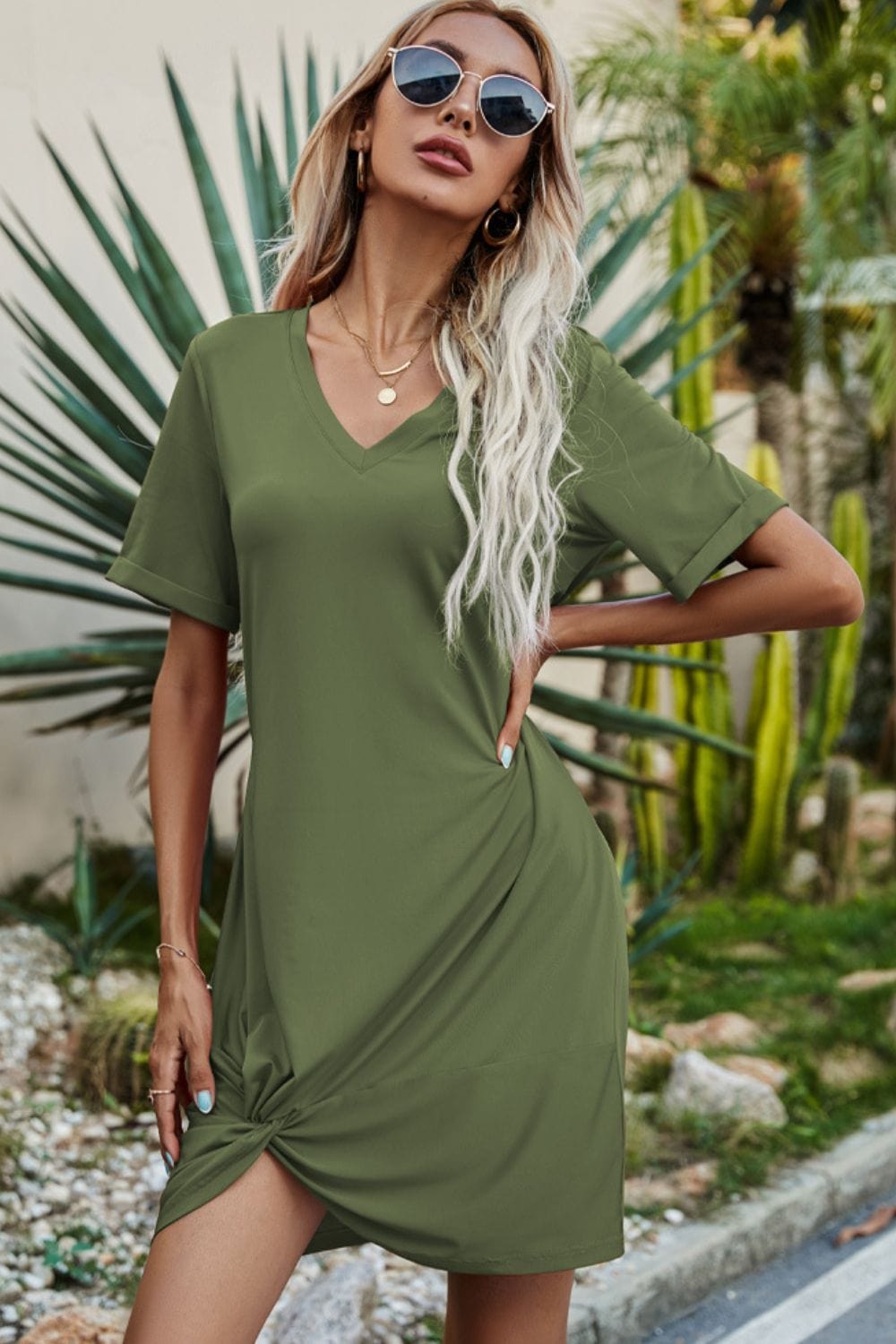 Twisted V-Neck Short Sleeve Dress - Runway Frenzy 