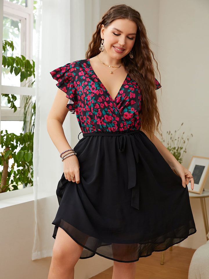 Plus Size Floral Surplice Neck Flutter Sleeve Dress - Runway Frenzy 