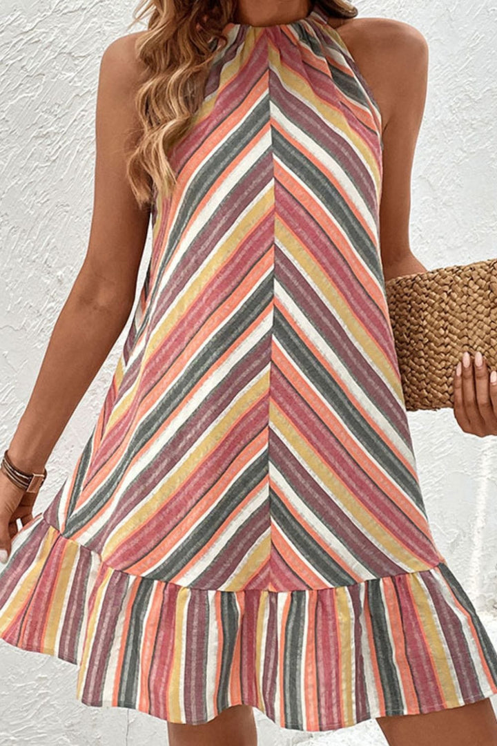 Striped Round Neck Sleeveless Mini Dress - Runway Frenzy 