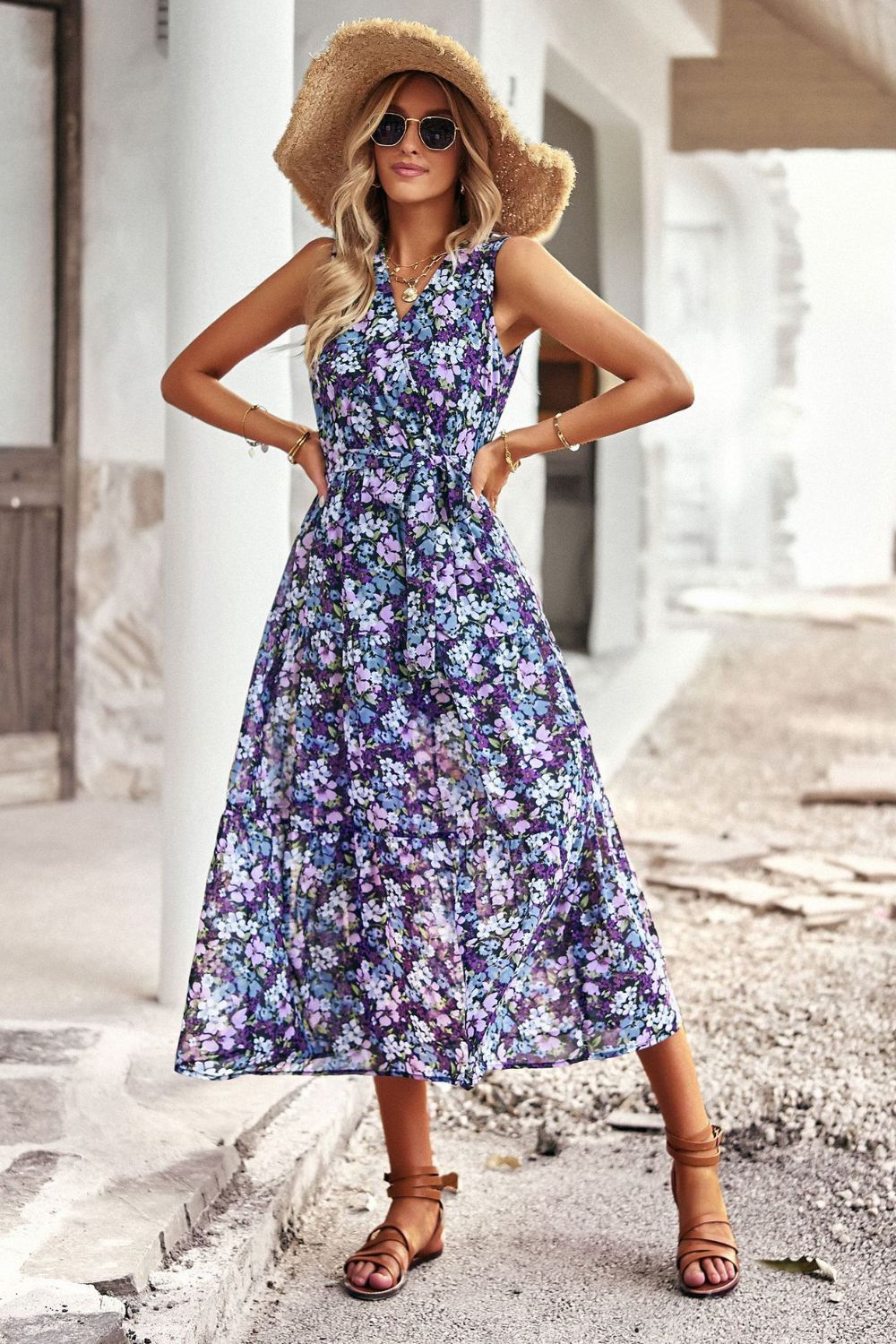 Floral Belted Surplice Sleeveless Tiered Dress - Runway Frenzy