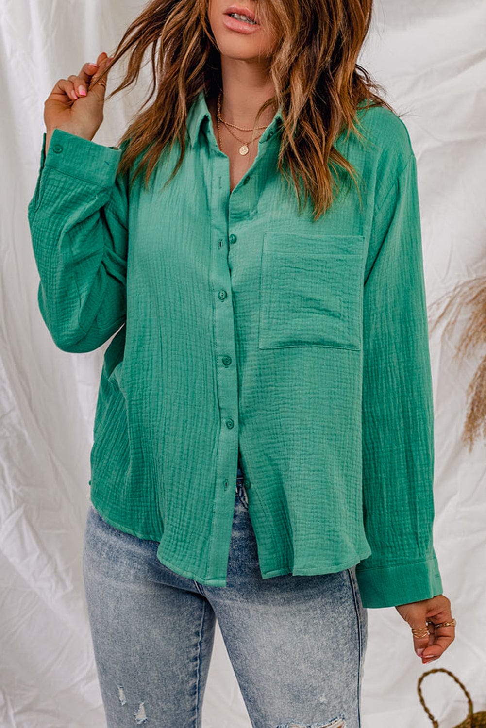 Textured Button Down Shirt with Pocket - Runway Frenzy