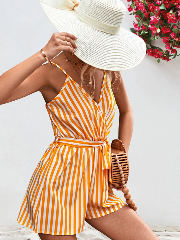 Striped Tie Waist Spaghetti Strap Romper - Runway Frenzy 