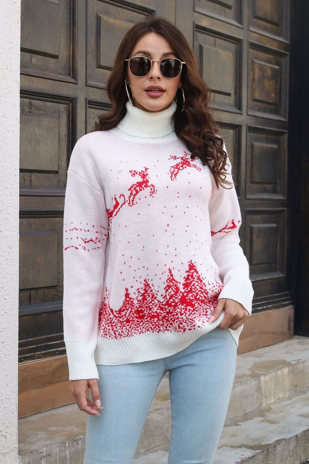 Reindeer & Snow Pattern Turtle Neck Pullover Sweater - Runway Frenzy 