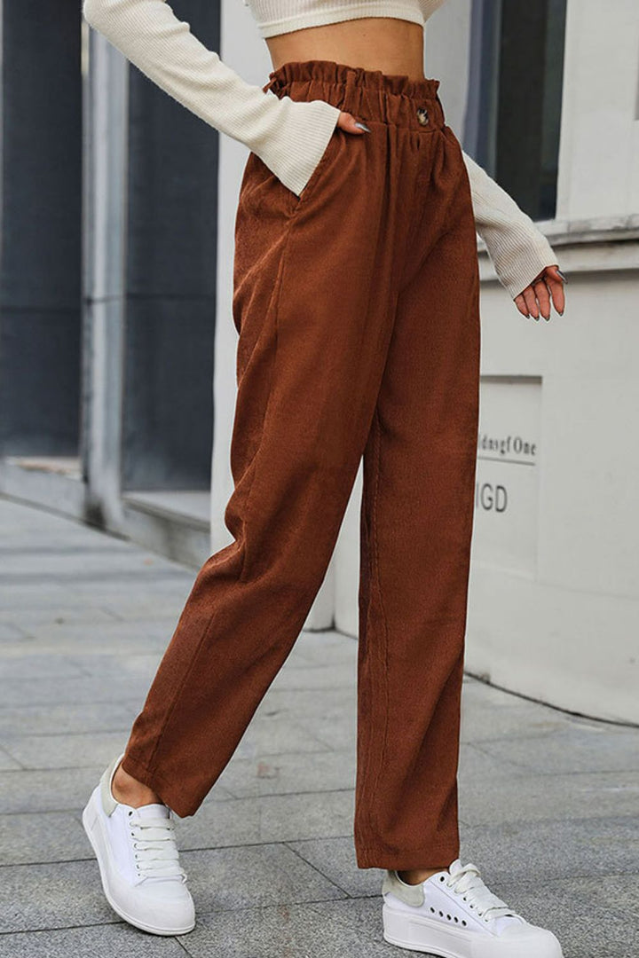 Paperbag Waist Straight Leg Pants with Pockets - Runway Frenzy 