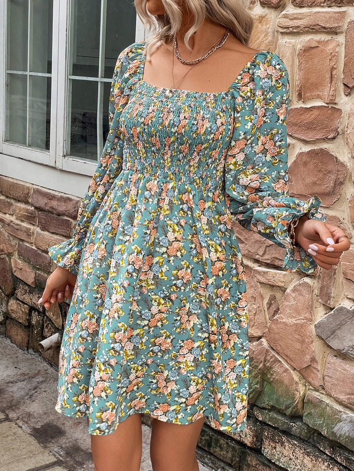 Floral Smocked Flounce Sleeve Square Neck Dress - Runway Frenzy