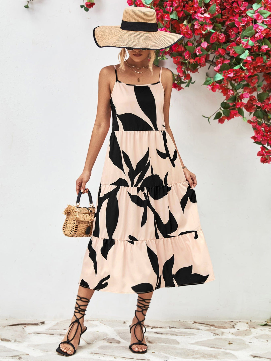 Printed Spaghetti Strap Tiered Midi Dress - Runway Frenzy