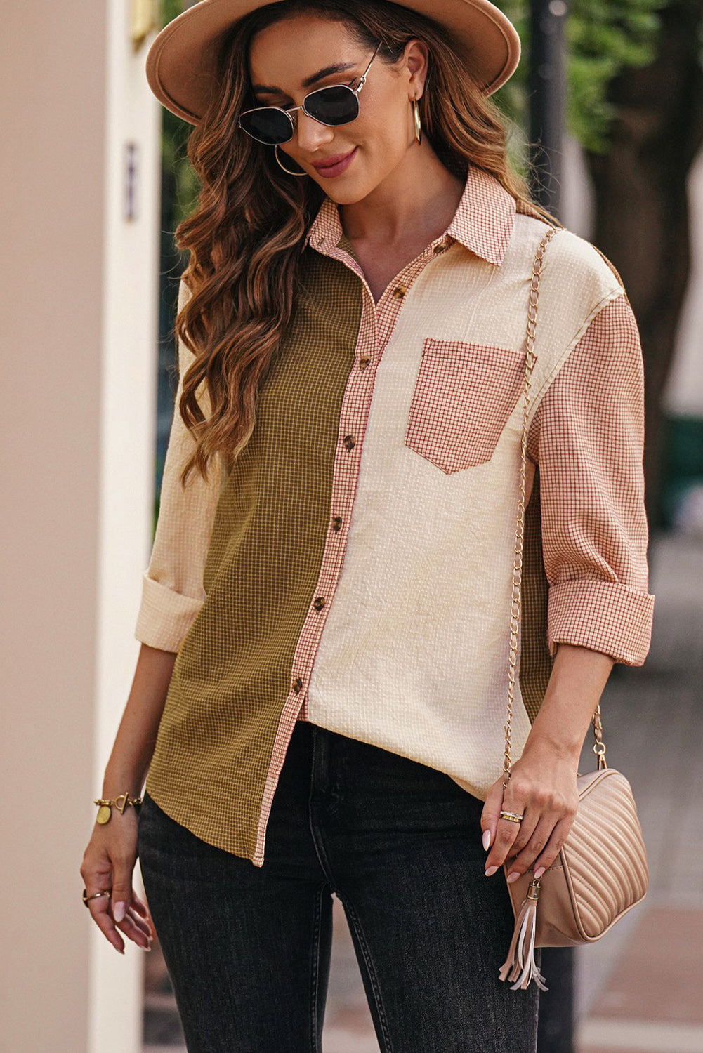 Grid Color Block Button-Up Shirt - Runway Frenzy