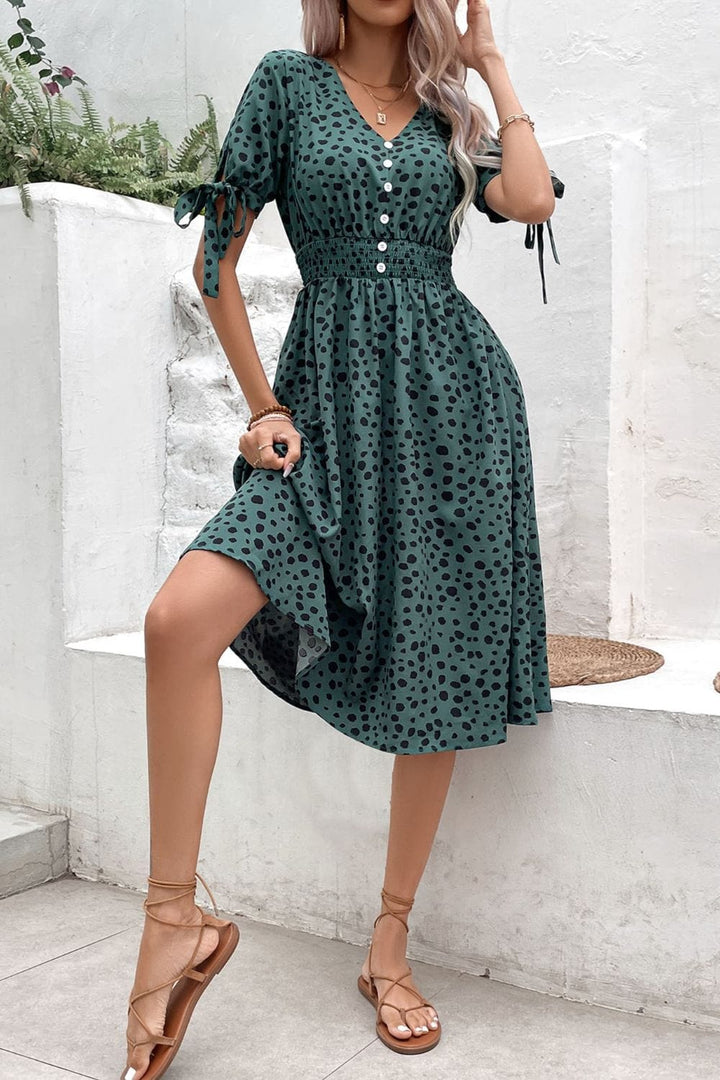 Printed Tie Cuff Smocked Waist Dress - Runway Frenzy