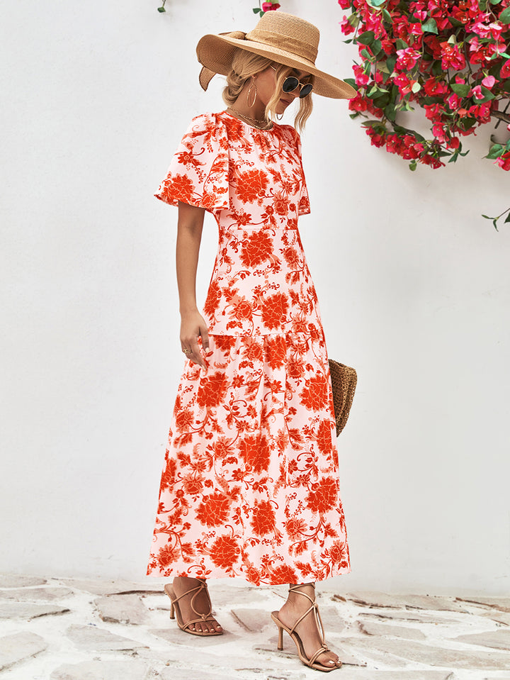 Floral Round Neck Tied Open Back Dress - Runway Frenzy