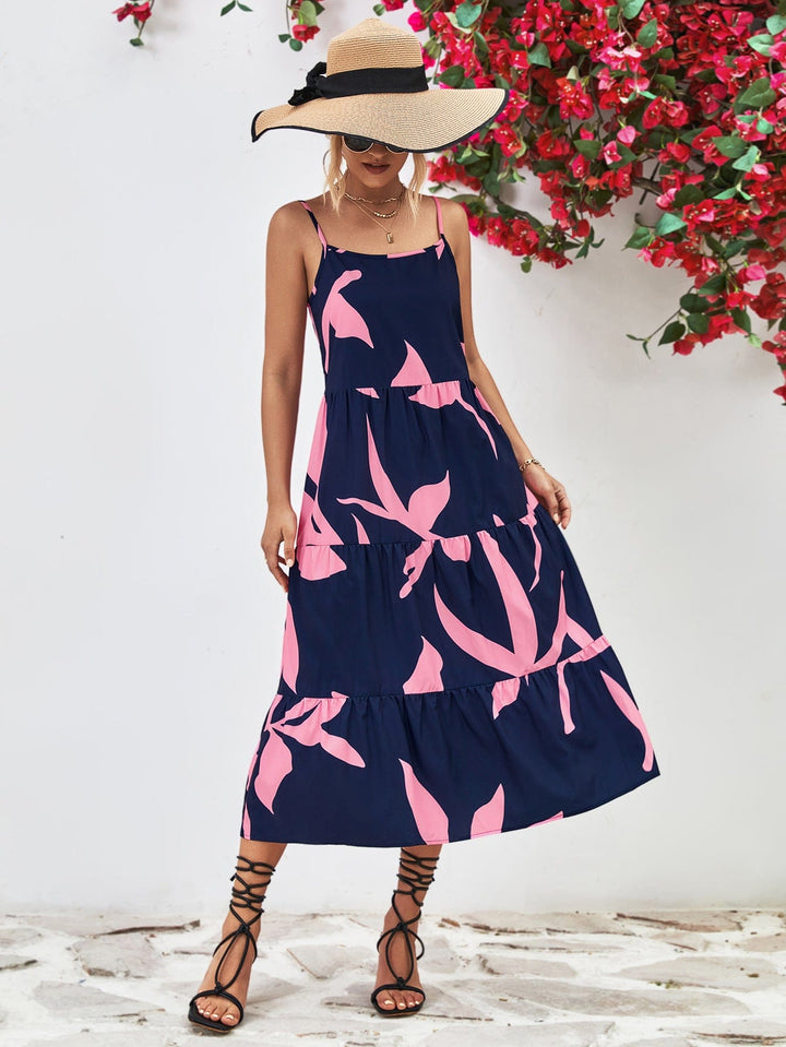 Printed Spaghetti Strap Tiered Midi Dress - Runway Frenzy