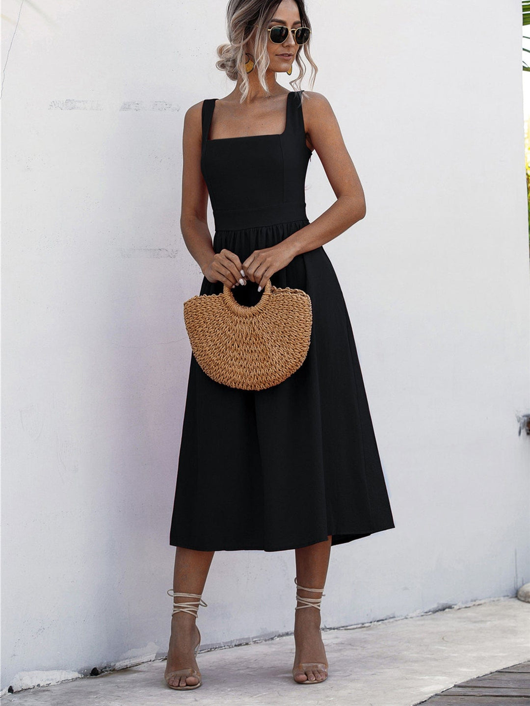 Square Neck Sleeveless Smocked Midi Dress - Runway Frenzy 