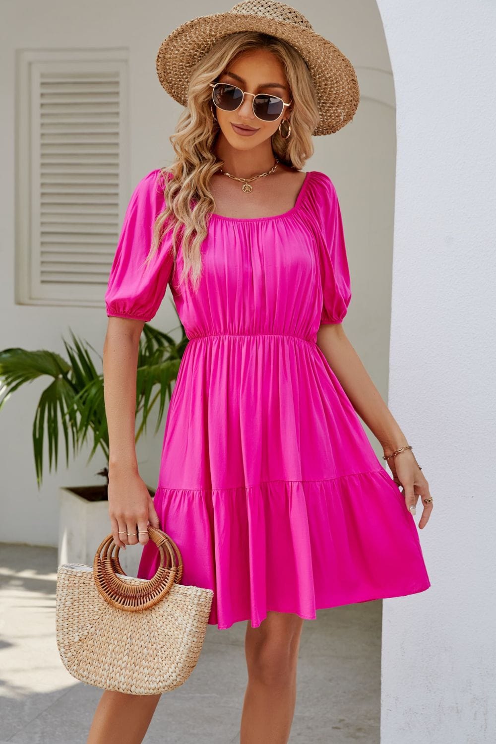 Ruched Square Neck Puff Sleeve Mini Dress - Runway Frenzy 