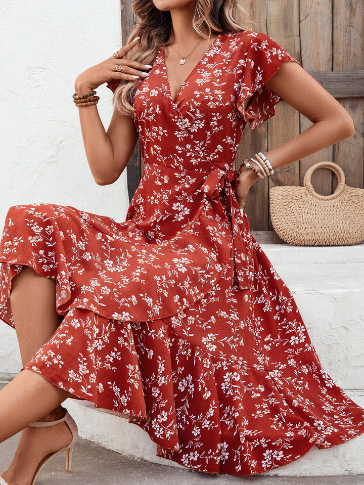 Floral Surplice Neck Flutter Sleeve Dress - Runway Frenzy