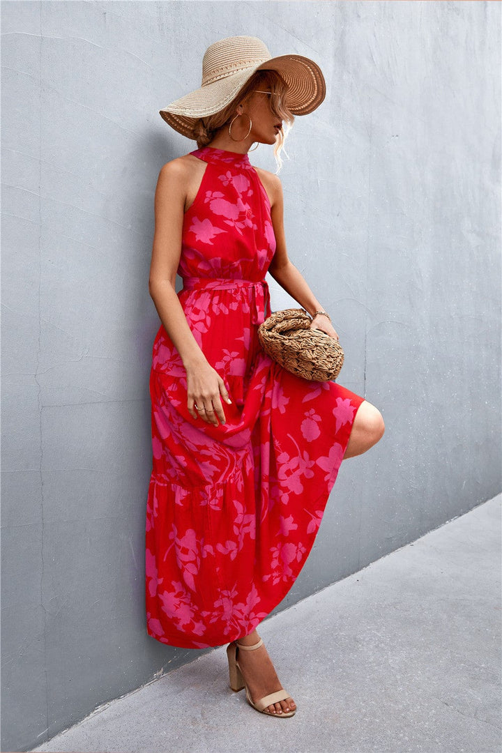 Printed Sleeveless Tie Waist Maxi Dress - Runway Frenzy 