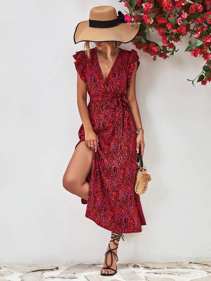 Printed Surplice Neck Flutter Sleeve Slit Dress - Runway Frenzy