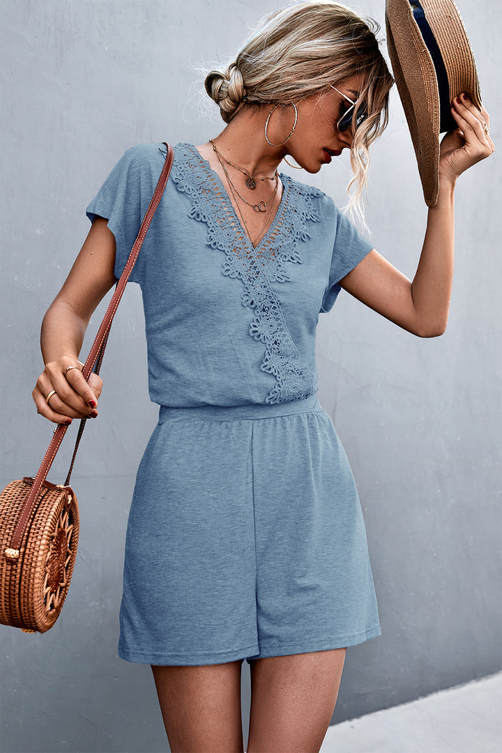 Lace Trim V-Neck Romper - Runway Frenzy 