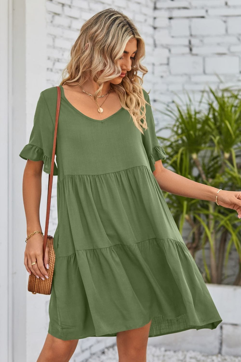 V-Neck Flounce Sleeve Tiered Dress - Runway Frenzy 