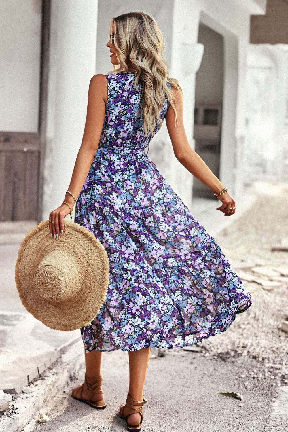 Floral Belted Surplice Sleeveless Tiered Dress - Runway Frenzy