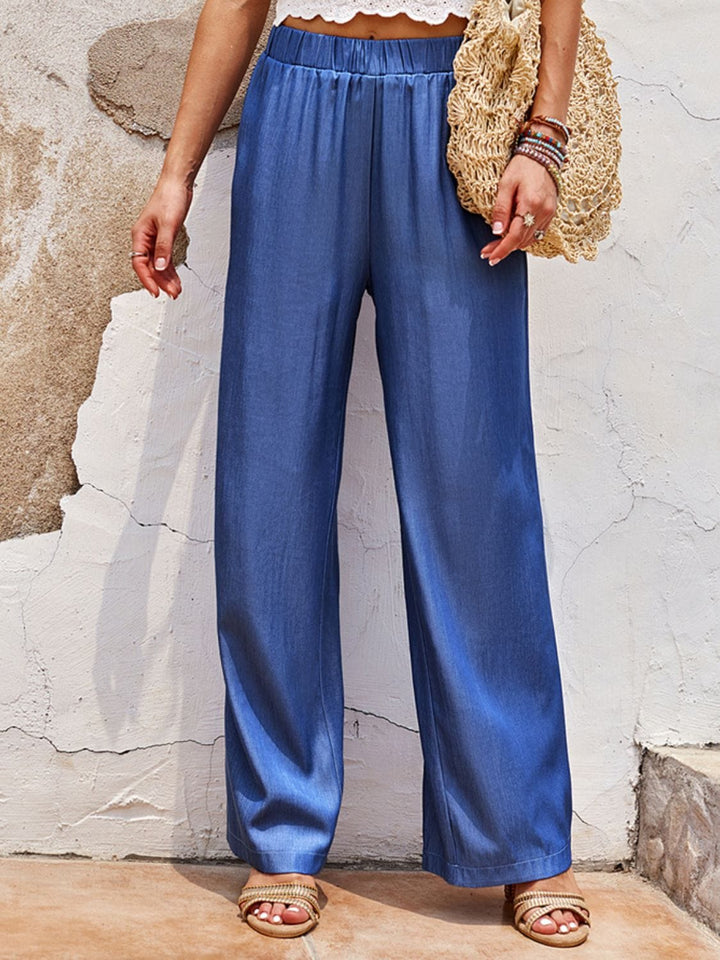 Smocked Waist Long Straight Pants - Runway Frenzy 