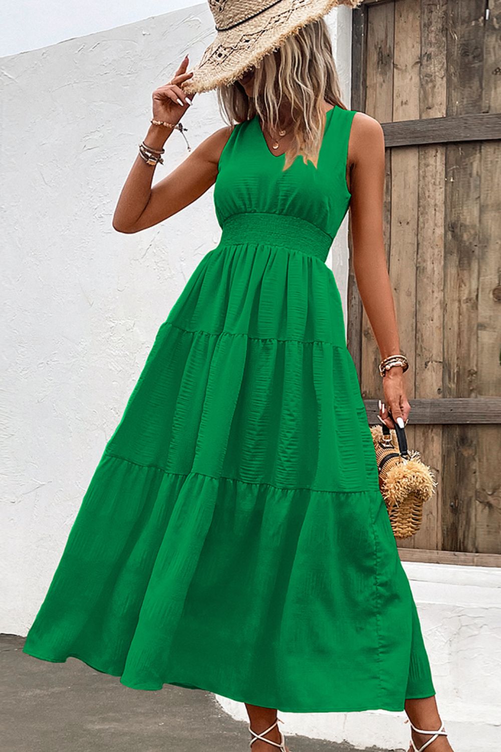 V-Neck Smocked Waist Sleeveless Tiered Dress - Runway Frenzy 